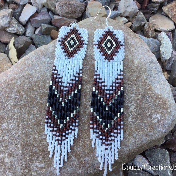 Picasso Red and Black Native Diamond Beaded Earrings with Long Fringe, H… - Picture 1 of 7